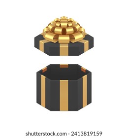 Black fashion hexagonal open gift box with luxury golden bow ribbon 3d icon realistic vector illustration. Stylish hexagon present package greeting male brutal holiday surprise festive congratulations