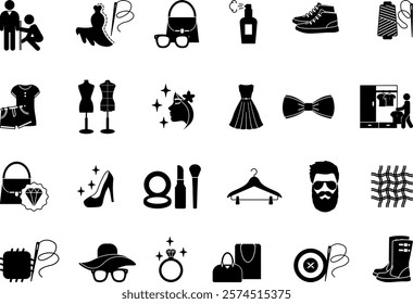 Black Fashion Icon Set. Vector Icons Tailor, Hanger, Clothes, Shoes, Sewing, Luxury, Style, Fabric, Perfume, Dress, Makeup, Mannequin, Wardrobe, and More