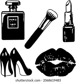 Black Fashion Makeup and Beauty Vector Illustration set on white background. Perfect for any fashion and beauty project or theme. Suitable for web design, print, Perfectly suited for traditional media