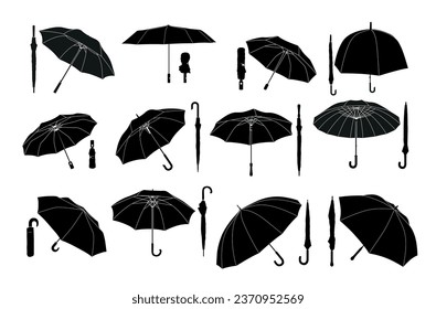 Moda negra abierta y paraguas cerrados diferentes formas de protección contra lluvia conjunto de accesorios isométricos vectorial ilustración. Parasol con manija plegable baldaquino clásico canopías de temporada automática accesorios de temporada