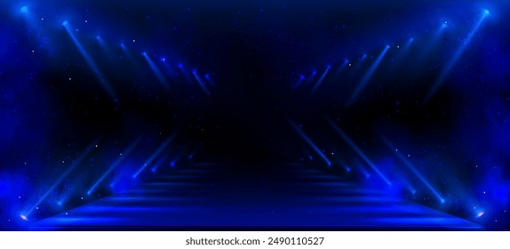 Black fashion runway hall with blue spotlight rays, smoke and glitter. Realistic 3d vector dark catwalk stage with light beams and sparkles for night gala show or presentation. Tunnel corridor room.