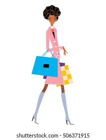 Black fashion shopping woman with shopping bags. Vector illustration