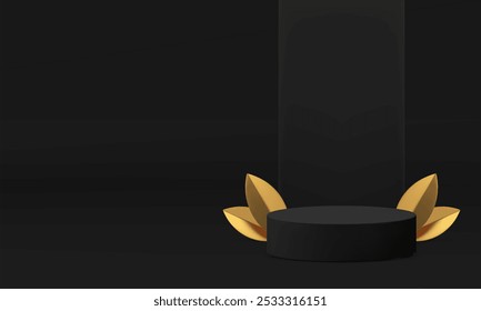 Black fashion showroom 3d cylinder podium with wall background realistic vector illustration. Dark luxury elegant showcase pedestal with golden leaves for product show commercial presentation