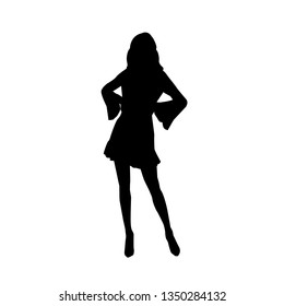 Black fashion vector silhouette of beautiful stylish woman in mini dress with long legs isolated on white background.