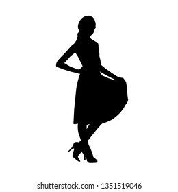 Black fashion vector silhouette of young stylish girl posing in beautiful dress with long legs isolated on white background.