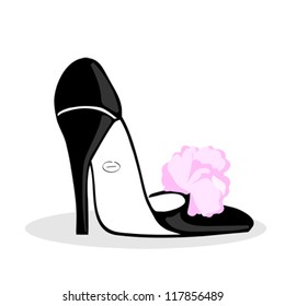 black fashionable shoe with pink bow isolated on white background hand drawn vector