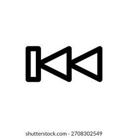 Un ícono negro de retroceso rápido con dos triángulos apuntando a la izquierda y una barra de Vertical. Diseño de interfaz de usuario de íconos de una sola línea de música y medios.