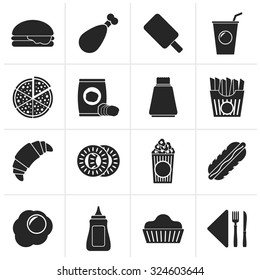 Black fast food and drink icons - vector icon set
