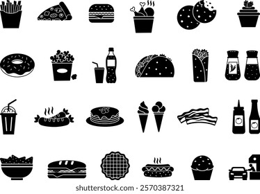 Black Fast Food Icons Set. Vector Icons Burger, Pizza, Hot Dog, French Fries, Sandwich, Cupcake, Soda, Sausage, Fried Chicken, Pop Corn, Burrito, Nachos, Ice Cream, and More