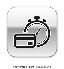 Black Fast payments icon isolated on white background. Fast money transfer payment. Financial services, fast loan, time is money, cash back concept. Silver square button. Vector Illustration