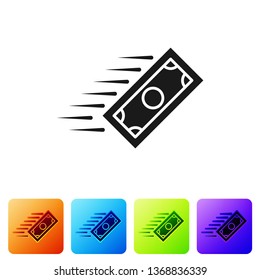 Black Fast payments icon on white background. Fast money transfer payment. Financial services, fast loan, time is money, cash back concept. Set icon in color square buttons. Vector Illustration