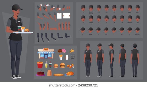 Conjunto de creación de personajes de trabajador de comida rápida negro, mujer usando uniforme de trabajo con varios artículos de comida. Gestos de manos, animación bucal y sincronización de labios. Ilustración vectorial