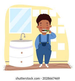 A black fat boy in pajamas is brushing his teeth in the bathroom. Children are hygiene