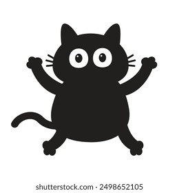 Gato gordo negro con ojos grandes. Gatito gritando. Personaje de gatito divertido de dibujos animados lindo cayendo. Impresión de la etiqueta engomada. Colección de mascota bebé. Estilo infantil. El fondo blanco. Aislado. Diseño plano. Vector