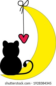  Black fat cat and moon, cat silhouette, vector icon