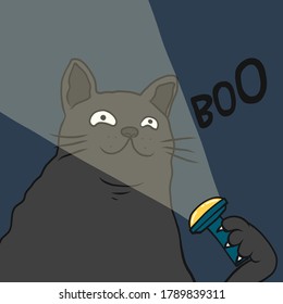 Black fat cat play with flashlight on face and say Boo, Halloween concept cartoon vector illustration