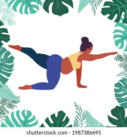 Black Fat Woman Does Yoga. Self-love. Fitness And Excess Weight. Fat Girl Sitting In Yoga Pose. Yoga Asanas For Weight Loss And Health. Stock Vector Illustration On A White Background.