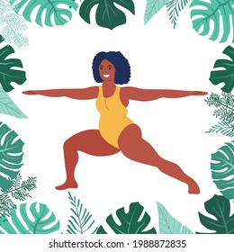 Mujer gorda negra hace yoga. Amor propio. Gimnasio y exceso de peso. Chica gorda sentada en una pose de yoga. Yoga asanas para pérdida de peso y salud. ilustración vectorial de stock en blanco.