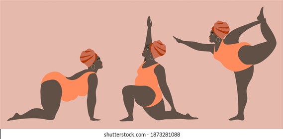 Black fat women in peach swimwear doing yoga. The set of athletic thick girls show postures. Collection of vector cartoon African women involved in sports isolated on pink background. svg