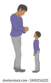 black father in full growth doing something with his hands, his son stands nearby and looks and waits - simple vector style. father and son
