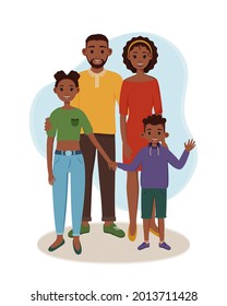 Black father and mother with their children are standing. Vector illustration of happy parents with daughter and son. Smiling couple and young children wave hand. African American woman man boy girl