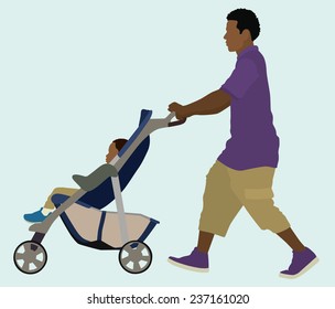 Black Father Pushing his Child in Stroller