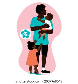 The Black Father Of The Todler Twins Is Worried About The Jealousy Of The Children. The Relationship Of Brother And Sister. Family Care. Childhood Lifestyle Concept. Vector Isolated Illustration. 