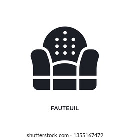 black fauteuil isolated vector icon. simple element illustration from furniture and household concept vector icons. fauteuil editable black logo symbol design on white background. can be use for web