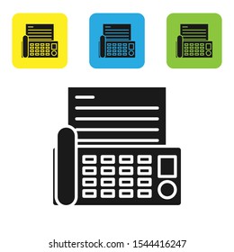 Black Fax machine icon isolated on white background. Office Telephone. Set of colorful square icon buttons. Vector Illustration