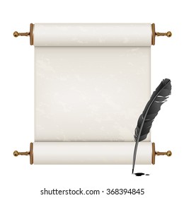 black feather and ancient scroll on white