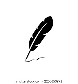 Black feather draws with ink. Vintage poetry pen for calligraphy writing and sketching with classic retro design and literary vector silhouette