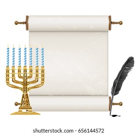 black feather, golden menorah and ancient Jewish scroll on white