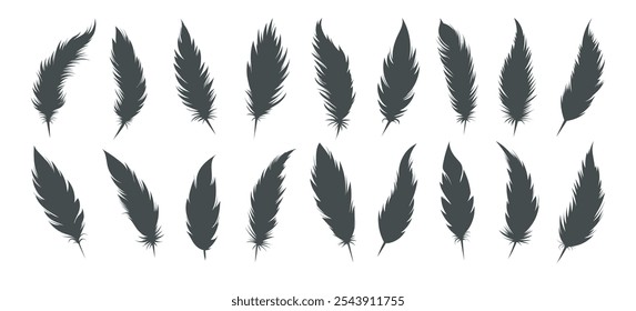 Black feather icons. Monochrome feather silhouettes set isolated vector illustration