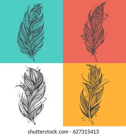 Black feather icons. Set of logo design vector templates