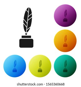 Black Feather and inkwell icon isolated on white background. Set icons colorful circle buttons. Vector Illustration
