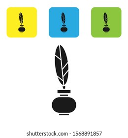 Black Feather and inkwell icon isolated on white background. Set icons colorful square buttons. Vector Illustration