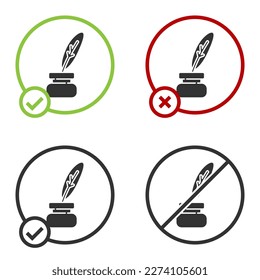 Black Feather and inkwell icon isolated on white background. Circle button. Vector