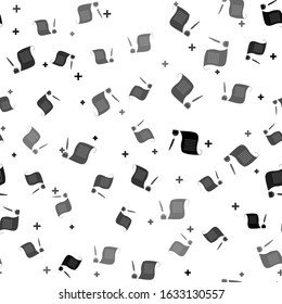 Black Feather in the inkwell and paper scroll icon isolated seamless pattern on white background.  Vector Illustration