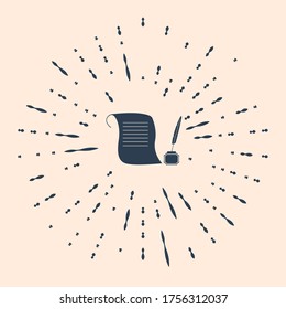 Black Feather in the inkwell and paper scroll icon isolated on beige background. Abstract circle random dots. Vector Illustration