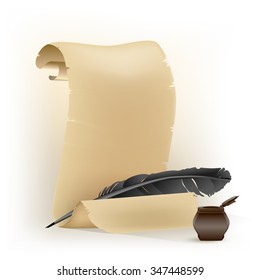 black feather and old scroll on white