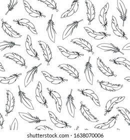 Black feather on white background seamless pattern texture