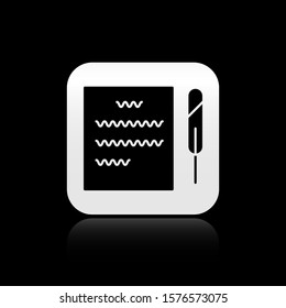 Black Feather pen and paper scroll icon isolated on black background. Silver square button. Vector Illustration