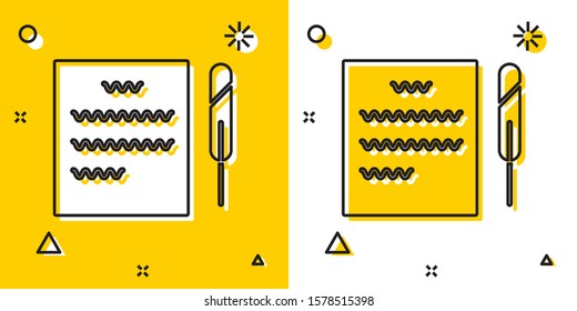 Black Feather pen and paper scroll icon isolated on yellow and white background. Random dynamic shapes. Vector Illustration