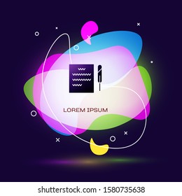 Black Feather pen and paper scroll icon isolated on blue background. Abstract banner with liquid shapes. Vector Illustration