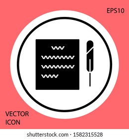 Black Feather pen and paper scroll icon isolated on red background. White circle button. Vector Illustration