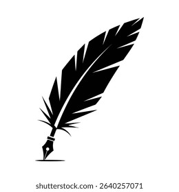 A black feather pen with a quill tip, isolated on a white background.