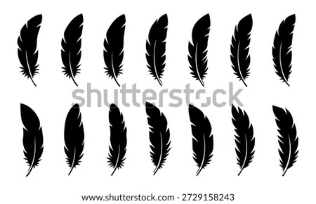 black feather silhouette collection, bird quill icons, wing plume vector