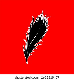 Black Feather Silhouette with Flames on Red Background
