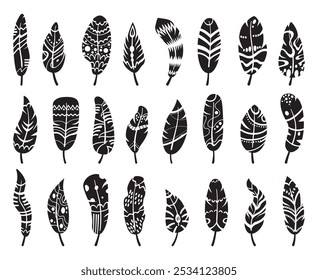 Black feather silhouettes. Ethnic feather icons clipart. Boho style rustic design birds plumage. Doodle decorative abstract nature neoteric vector set