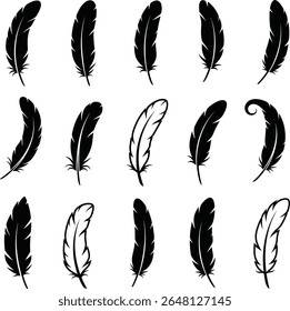 Black Feather Silhouettes Set – Various Feather Shapes and Styles Vector Icons